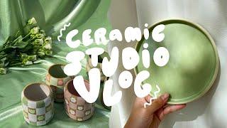 ceramic studio vlog 01 // throwing a plate, spring shop prep, glazing pieces, & more!