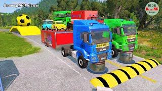 Double Flatbed Trailer Truck vs speed bumps|Busses vs speed bumps|Beamng Drive|917