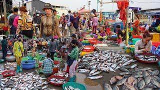 Early Morning Fish Market Scene @Prek Phnov - Plenty Alive Fish, Dry Fish, Seafood & More Food