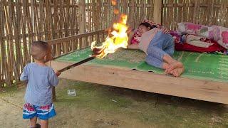 Harvesting white vegetables to sell, Digging cassava to Cook.  The boy burned down the house