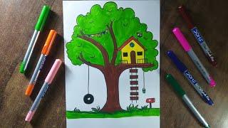 Easy Tree House Drawing | Step by step Tree House Drawing #art