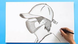 How to draw a boy with a cap wearing a face mask