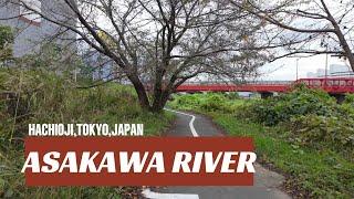 Walk along asakawa river. Hachioji,tokyo,japan. 4K