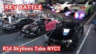 R34 SKYLINES TAKE GTR TIME SQUARE TAKEOVER *REV BATTLE*