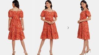 Zink London Rust Floral Printed A-Line Midi Dress