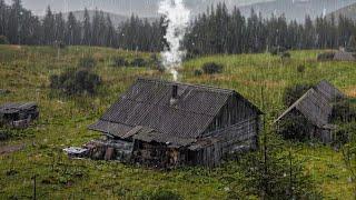 Abandoned log cabin in the mountains, hut in the forest