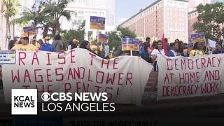 "Raise the Wages" rally hits streets of Downtown LA