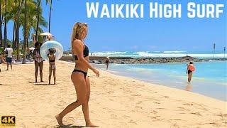 [4K] HAWAII - High Surf on Waikiki Beach - Honolulu Oahu, USA