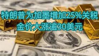 特朗普为加墨增加25%关税  金价大涨逾30美元