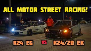 ALL MOTOR K SWAP CIVIC STREET RACING! K24 EG HATCH VS K24 EG COUPE + K24/20 EK HATCH | $400 POT EACH