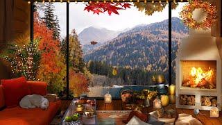 Autumn Cozy Cabin Ambience with Fireplace | Forest Sounds, Falling Leaves | Cozy Autumn