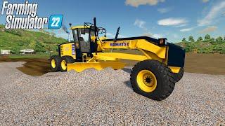 Farming Simulator 22 - KOMATSU GD 655 Motor Grader Pushes Gravel During Road Construction