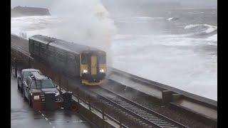 Class 150 2T14 - Storm Bert - Dawlish Sea Wall (Saturday)