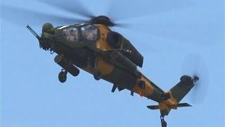 Turkish T129 ATAK combat helicopter first flight demonstration at Farnborough 2014 AirShow United Ki