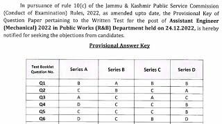 JKPSC Assistant Engineer AE Mechanical Answer Keys 2022 Out For All Series A B C & D Provisional.