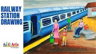 Railway Station Memory Drawing | Train station Drawing | Railway Station Drawing