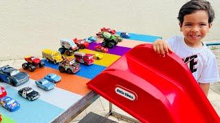 Disney Pixar Cars falling into deep pool, Lightning McQueen, Tow Mater, Mack, Sally, Francesco