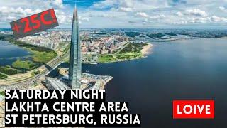 Saturday Night in Lakhta Centre Area on Gulf of Finland in St Petersburg, Russia. LIVE