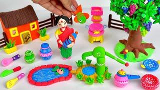 DIY How to make polymer clay miniature Village House, Kitchen set, Cycle, Doll, Hand pump| Dollhouse