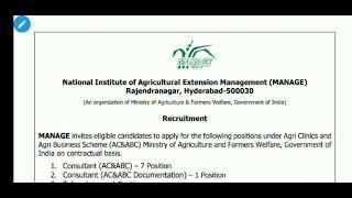 National Institute of Agriculture Extension Management (MANAGE) , Recruitment Notification