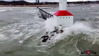 Gale Force Winds Hitting Michigan City Lighthouse & Huge Storm Surge Flooding Park 4K drone footage