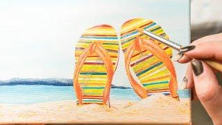 Slippers in the Sand on the Beach - Acrylic painting / Homemade Illustration (4k)