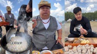 Mongolian beauty Wei Lisi made a different belly stuffed meat today! #camping #cooking #village