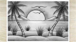 How to draw Sunset Scenery with Pencil, Easy Pencil Drawing for Beginners