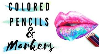 Using MARKERS and COLORED pencils together|| Drawing realistic glossy lips