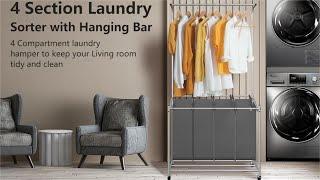 LUCKUP Laundry Sorter 4 Sections with Hanging Bar