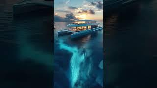 a solar-catamaran with floating lounge pods