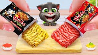 Make Breakfast With Talking Tom  Cooking Miniature Spicy And Black Buldak Noodles  Sunny Tiny Food