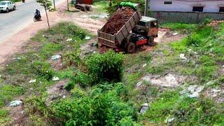 First Starting Nice New PROJECT!! 5-Ton Mini Dump Truck Unloading Soils With Dozer Pushing Soils