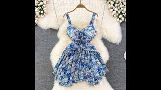 Summer Charm Fashion Chiffon Sleeveless Floral Spaghetti Strap Ruched High Waist A Line Puffy Dress