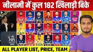 IPL 2025 Mega Auction All 182 Sold Player List | Players Name, Price And Team | IPL Auction 2025.