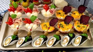 Top 4 finger foods for a party. Snacks in cups, nori rolls, and glass appetizer recipes