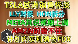 美股 TSLA欧洲销售数据惨淡！AMZN前瞻不佳！META共识预期大幅上调！LLY财报，HON拆分！计划内获利清仓FDX