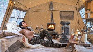 CAMPING IN THE SNOW WITH A NEW BASE SHELTER | SOUNDS OF NATURE