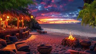 Evening Beach Ambience with Soothing Waves and Fire Pit Sounds For Healing, Relaxing 