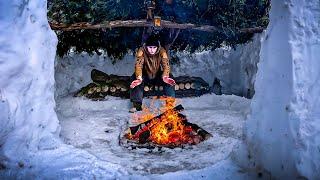 3 DAYS SOLO WINTER BUSHCRAFT CAMP | Building Snow Survival Shelter