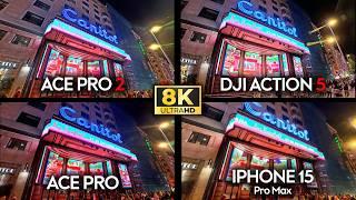 Insta360 Ace Pro 2 vs DJI Action 5 vs Ace Pro vs iPhone 15 Pro Max ¡8K LOW LIGHT!