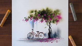 Beautiful oil pastel painting with a flower tree | step by step tutorial for beginner