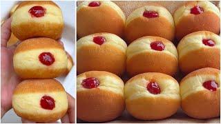 Fluffy donut recipe with one cup of flour, homemade strawberry jam. Simple recipe