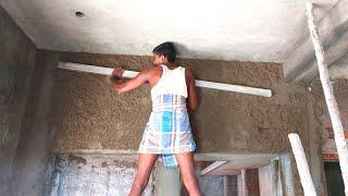 Wall plastering Construction-Amazing with 31x33 size 1BHK house Hall Wall plaster  work-sand cement