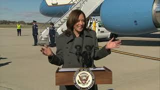 RAW: Kamala Harris arrives in Madison, Wisconsin, and meets with reporters