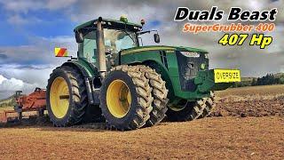 Monster DEERE 8370R (313 Hp PTO) dragging HUGE ripper [Ruthless SOUND/TURN:FULL] - HD