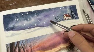 Watercolor Journal Day 153 (Wintery night sky and a cozy house)