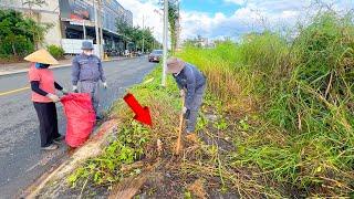 Despite the DANGER, cleaning the sidewalk with a STRONG FOUL SMELL as grass and trash cover it.