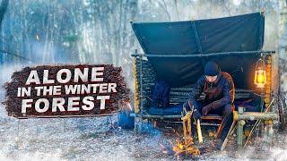 SOLO WINTER BUSHCRAFT Camp - Shelter in Snowfall - Lavvu Poncho | ASMR | Bushcraft Camp