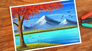 Oil Pastel Red Tree Landscape Painting for beginners | Oil Pastel Drawing